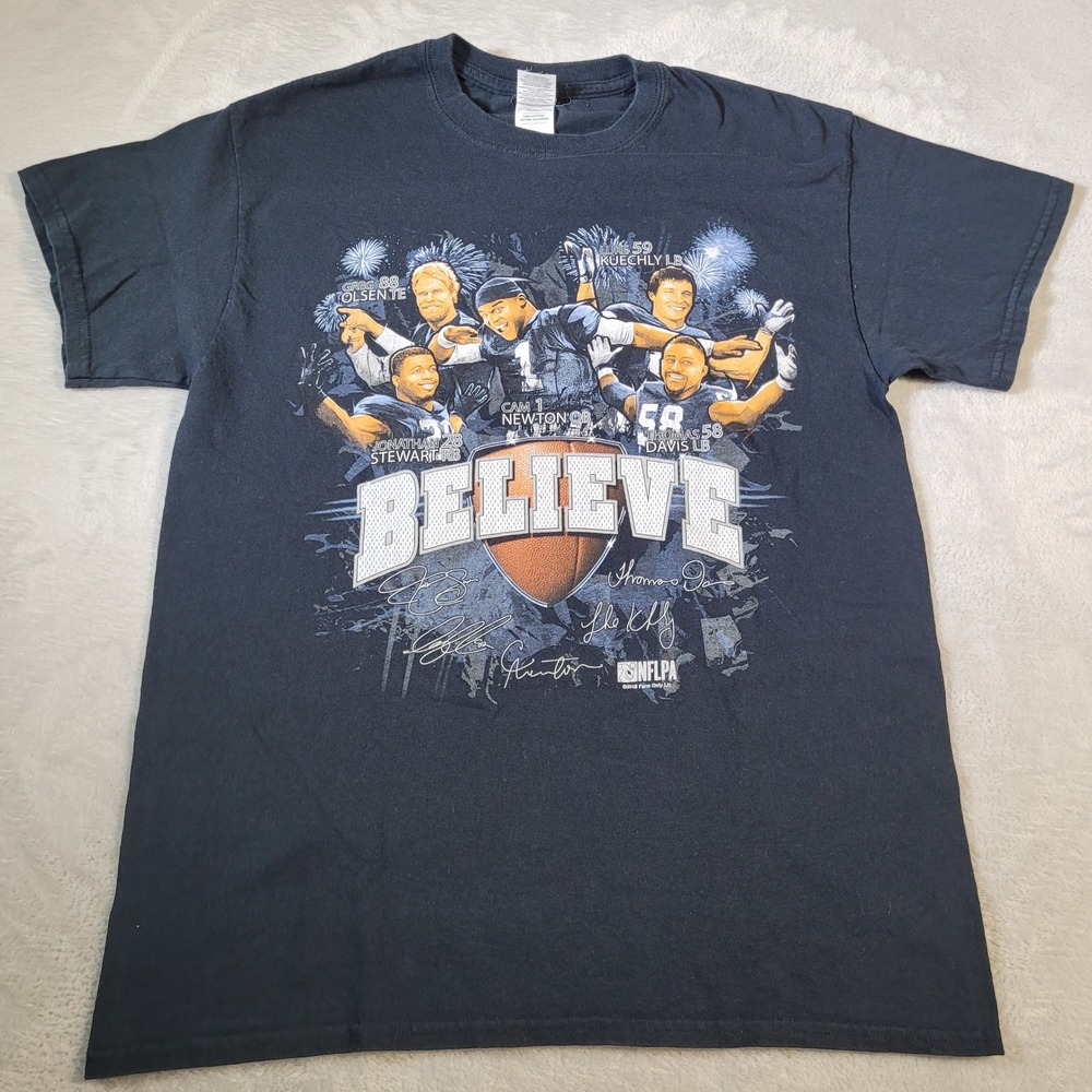 Carolina Panthers T-Shirt Mens Medium Blue 2015 NFL Believe Cam Newton Gildan